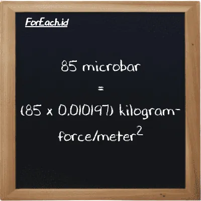 How to convert microbar to kilogram-force/meter<sup>2</sup>: 85 microbar (µbar) is equivalent to 85 times 0.010197 kilogram-force/meter<sup>2</sup> (kgf/m<sup>2</sup>)